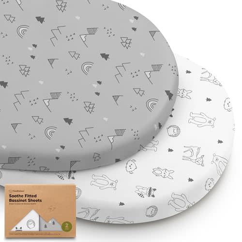 2-Pack Organic Baby Bassinet Sheets Boys, Girls - 100% Cotton Bassinet Mattress Sheets Compatible with Halo Bassinest Swivel Sleeper, Graco, Baby Delight, Universal Bassinet Fitted Sheets (Woodland)