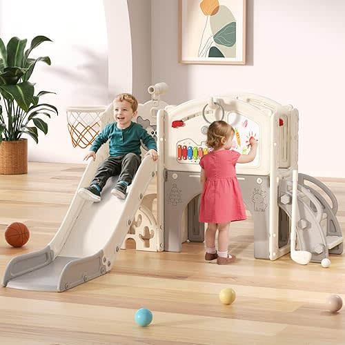 BIERUM Toddler Slide Set, 13 in 1 Kids Indoor Slide for Toddler 1-3, Indoor Outdoor Toddler Slide Playset with Basketball Hoop, Golf Game & Drawing Board, Baby Indoor Slide Playground, Cream&Gray