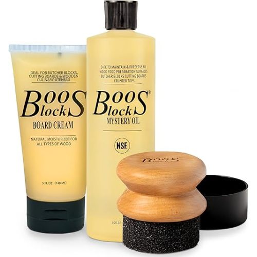 John Boos 3-Piece Care Set, 16 oz Mystery Oil, 5 oz Board Cream & Round Applicator - All-Natural Maintenance Formula for Butcher Blocks, Cutting Boards, Wooden Countertops & Wood Utensils