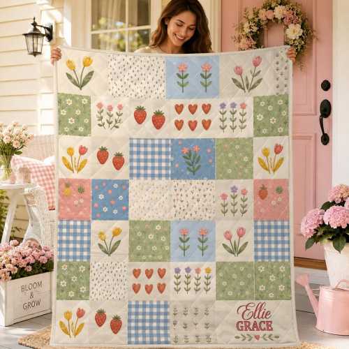 Personalized Strawberry Patchwork Quilt, Cottagecore Floral Throw, Botanical Baby Nursery Bedding