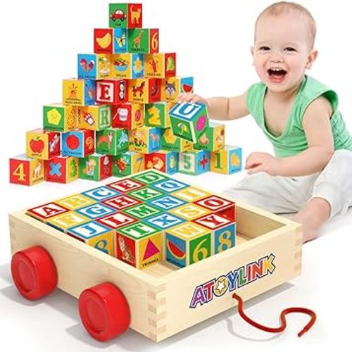 Atoylink 30 Pcs Wooden ABC Building Blocks for Toddlers 1-3, Alphabet & Number X-Large Stacking Toys with Storage Pull Toy Car Learning & Education Montessori Toys for 1 2 3 Year Old Boys Girls Gifts