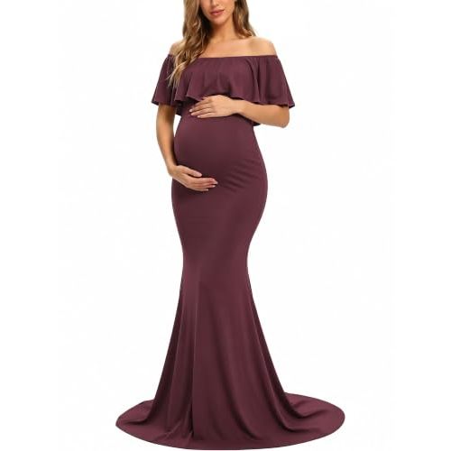 Glampunch Off Shoulder Maternity Dress for Photoshoot,Baby Shower Dress | soft, stretchy fabric,ruffles,elegant slim gowns,fit maxi photography dress,flowy maxi length