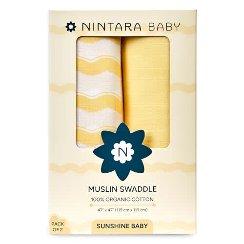 NINTARABABY Extra-Large Swaddles - 100% Organic Premium Muslin Cotton, 47" x 47", Ultra-Soft, Breathable, Lightweight, Multipurpose, Gifts for Newborns, Pack of 2