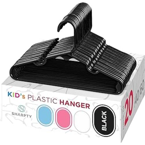 Sharpty Kids Plastic Hangers, Children's Hangers for Baby, Toddler, and Child Clothes - Everyday Standard Use - Ideal for Boys and Girls Closet, Clothing, Pants, Coats, and More - Black, 20 Pack
