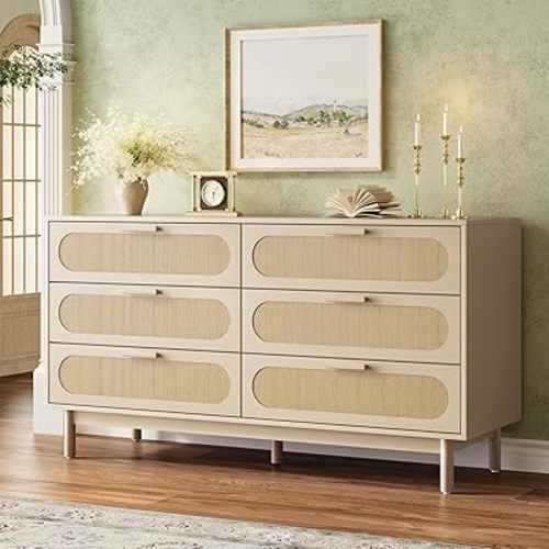 Beige Dresser for Bedroom, 55.1" Wide Chest of Drawers with Natural Rattan Fronts and Solid Wood Legs, Modern 6 Drawer Dresser for Bedroom, Living Room, Hallway