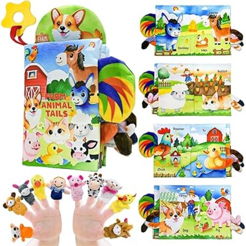 Kimicare Farm Crinkle Books for Babies with 10 Finger Puppets Set, Touch and Feel Cloth Soft Farm Animal Tail Baby Books 0-6 Months with Teething Toy, Infant Toys 6-12 Months, Baby Shower