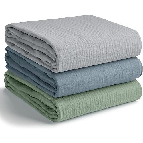 Comfy Cubs Muslin Swaddle Blankets Pack of 3, 42 x 42 Inch Soft 100% Cotton Baby Blanket Set, Large Wraps for Newborns - Self-Soothing Swaddles for Newborns - Heather Blue, Pacific Blue, Fern