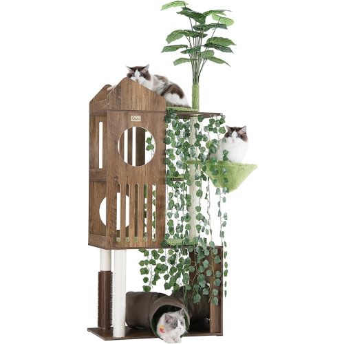 FourFurPets Large Cat Tree with Leaves, 72.8-Inch Cat Tower for Indoor Cats, Modern Cat Tree with Scratching Post, Large Perch, Tunnels, Swing Ball, Self Groomer, Greige