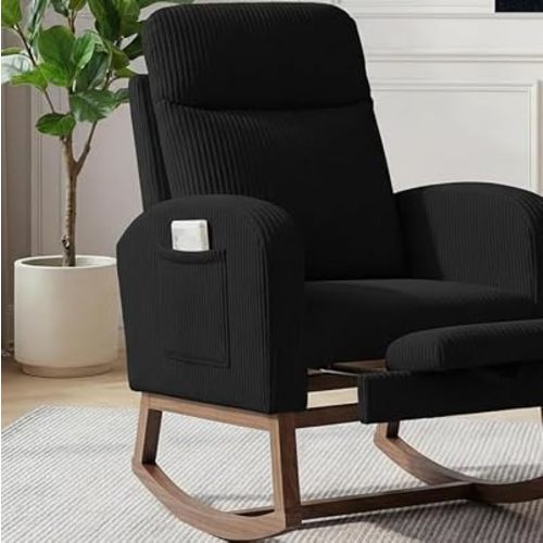 GarveeLife Nursery Rocking Chair,300lb Glider Chair with Solid Wood Legs/Two Side Pockets,Corduroy Upholstered Glider Rocker with Footrest High Backrest for Living Room/Bedroom/Nursery