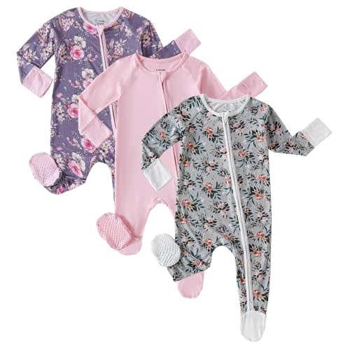 OPAWO Bamboo Baby Pajamas 3 Pack, 2 Way Zipper Newborn Footie Pajamas with Mitten Cuffs, Bamboo Sleepers for Baby Girl Onesie
