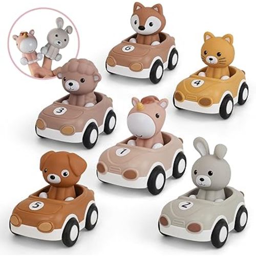 Toy Cars for Toddlers 1-3, 6-Pack Friction Powered Push and Go Vehicle Set with Animal Finger Puppets for Boys Girls