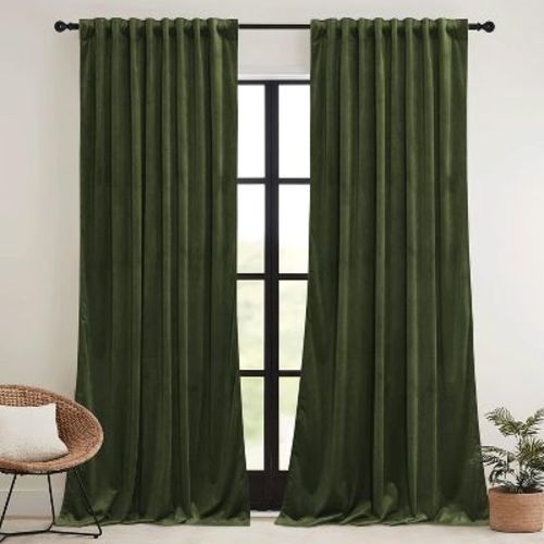 NICETOWN Velvet Curtains with Hook Belt Room Darkening Thermal Insulated Window Treatments for Home Living Room Bedroom, 42W x 84L, Olive Green