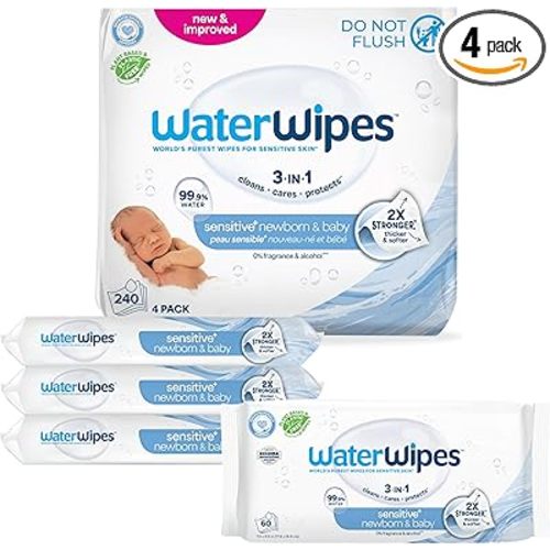 WaterWipes Sensitive+ Newborn & Baby Wipes, 3-In-1 Cleans, Cares, Protects, 99.9% Water, Unscented & Hypoallergenic, 240 Count (4 Packs)
