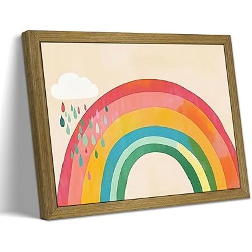 Rainbow Canvas Wall Art Print, Nursery Kids Room Wall Decor, Cute Cartoon Rainbow With Cloud Painting Poster, Boho Art Room Decor for Baby Girls Boys Bedroom Playroom 12x16 Inch Framed