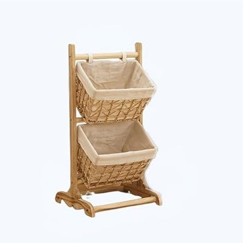 Basket Storage Rack, Floor Standing Storage Shelves for Living Room, Bathroom or Kitchen, Tiered Basket Stand Organizer with Wooden Frame, Fruit Basket Shelf, Snack Shelf(2-Tier)