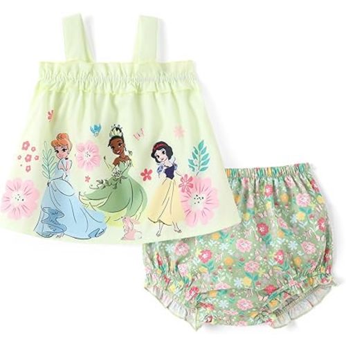 Disney Ropa de princesa para bebé: Floral sin mangas con volantes y camiseta de túnica para pañales Bloomer Conjunto de ropa de verano para recién nacidos