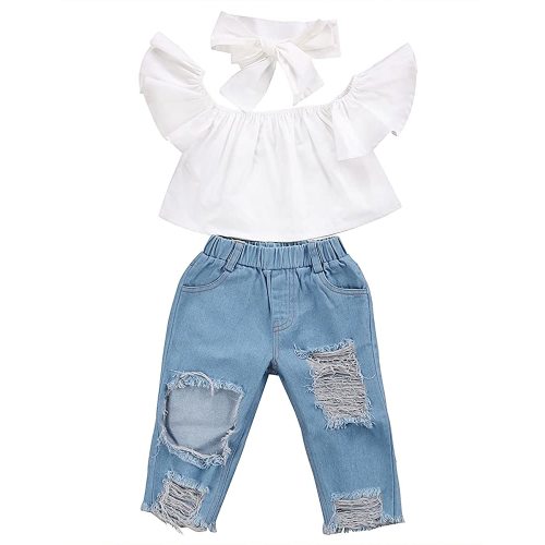 3pcs Baby Girls Kids Off Shoulder Lotus Leaf Top Holes Denim Jeans Headband Outfits Set