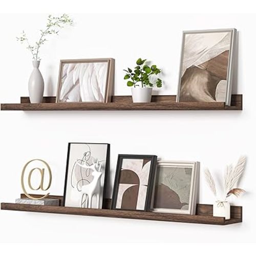Heimlove Picture Ledge Shelf, Floating Shelves Set of 2, 36 Inches Picture Shelf for Wall with Ledge, Kids Bookshelf Wall Mounted for Living Room Bedroom Decor Books Photo Frames - Walnut