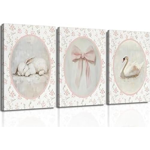 3Pcs Pink Vintage Nursery Canvas Wall Art Cute Animal Rabbit Swan Bow Flower Posters Prints Baby Girl Room Picture Wall Decor for Girls Room Bedroom Decorations Ready To Hang