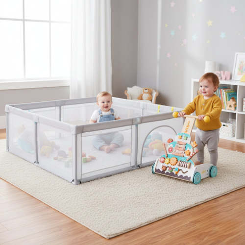 COSTWAY Wooden Baby Walker and Large Infant Playpen Bundle