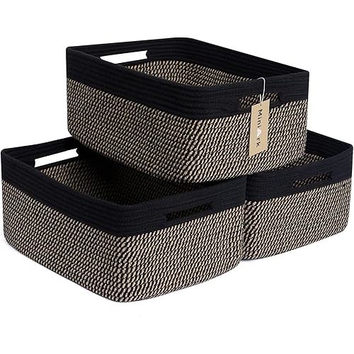 MiniArk Large Storage Baskets for Shelves, Closet Organizers Bins for Clothes Blanket Towels, Baby Nursery, Toy Baskets Box, Woven Rope Baskets, 17 x 13 x 7.5”, 3 Packs Woven Brown