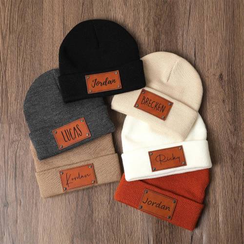 Custom Baby Beanies, Personalized Leather Patch Beanies with Name for Kids, Newborn Gift, Winter Knitting Hat for Toddler,Christmas Baby Hat