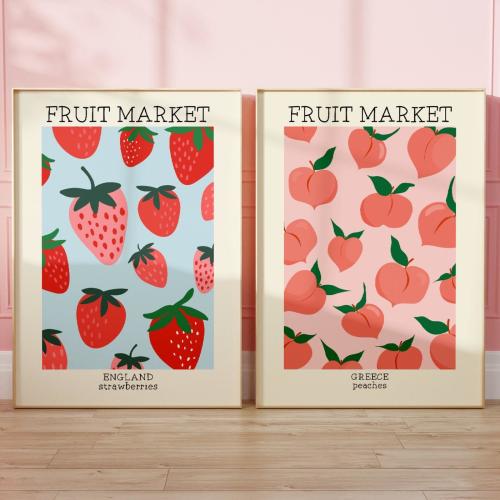 Fruit Market Art Prints Set of 2: Colourful Kitchen Gallery Wall Decor