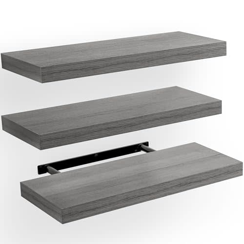AMADA HOMEFURNISHING Floating Shelves, Wall Shelves for Bathroom/Living Room/Bedroom/Kitchen Decor, Grey Shelves with Invisible Brackets Set of 3 - AMFS07G