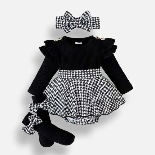 Maison Elegance Houndstooth Long Sleeve Dress 3 Pçs