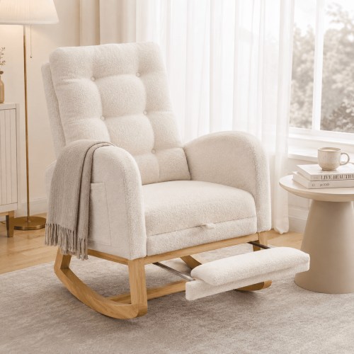 Paproos Modern Teddy Fabric Rocking Chair, White, Ergonomic Glider Rocker, Durable Foam Seat
