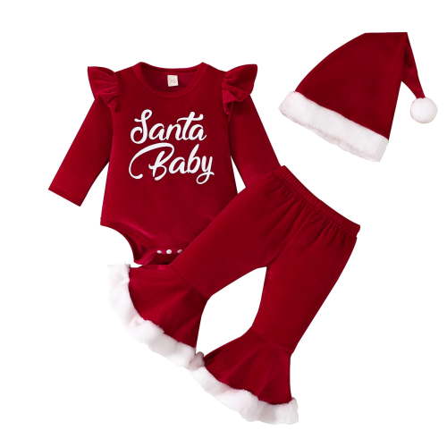 Younger Tree Newborn Baby Girl Christmas Outfits Toddler Santa Long Sleeve Romper Pants Hat Clothes 3pcs Set,12-18M