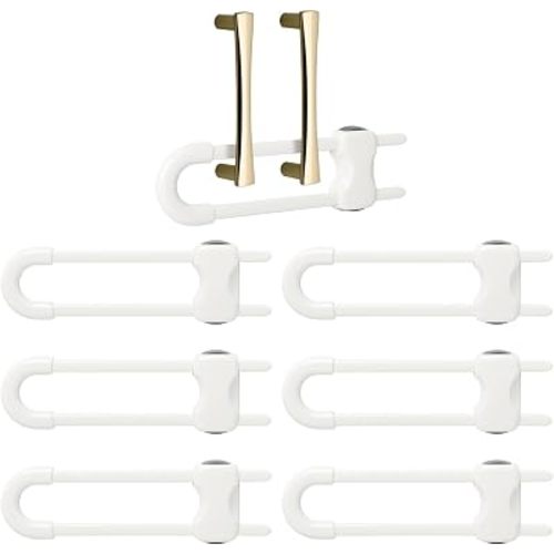 Lot de 6 verrous coulissants pour armoires de sécurité pour enfants, serrures de sécurité réglables en forme de U pour cuisine, tiroirs, salle de bain, portes de placard avec boutons ou poignées