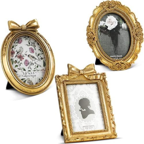 Vicenpal 3 Pcs Tiny Picture Ornate Frames Small Vintage Oval Picture Frames Gold Vintage Baroque Ornate Antique Resin Frame Table Top Display Frame for Home Wedding Decor(2.5 x 3.5 Inch,Gold)