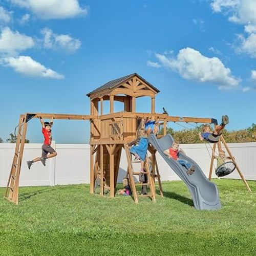 Backyard Discovery Dover Bay Spruce Wood Swing Set with Wave Slide, Clubhouse, Monkey Bars, Rock Wall, Belt Swings, Step Ladder, Toy Telescope, Chalkboard, Outdoor Playset