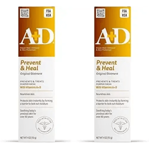 A+D Original Diaper Rash Ointment Prevents & Treats Diaper Rash, Moisturizing Skin Protectant with Vitamins A & D, Healing Skin-Ointment for Dry and Cracked Skin 4oz (Pack of 2)
