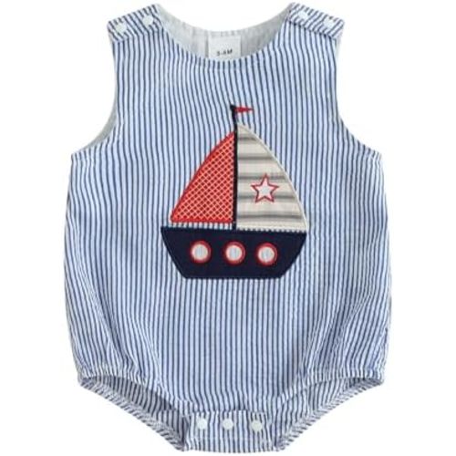 Baby Girl Boy Summer Romper Newborn Sleeveless Sailboat/Golf Embroidery Plaid Tank Romper One Piece Jumpsuit Clothes