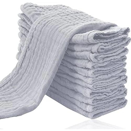 Cute Castle 12 Pack Muslin Burp Cloths for Baby - Ultra-Soft 100% Cotton Baby Washcloths - Large 20'' by 10'' Super Absorbent Milk Spit Up Rags - Burpy Cloths for Unisex, Boy, Girl - Slate