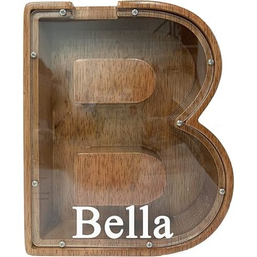 Personalized Large Wooden Kids Letter Piggy Bank Custom Name Coin Piggy Bank, (Laser Engraved Name) Wood Alphabet Letter Bank Money Box Birthday (B)…