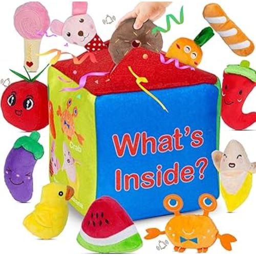 Baby Mystery Soft Box Toys, Plush Felt Box with 12 Toys, Sound Learning Set, What's Inside Montessori Cognitive Play for Toddlers 6 Months+, Birthday Gifts for Boys Girls