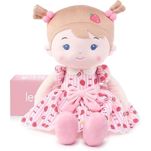 LeyaDoll Soft Baby Doll Toys (16''), My First Baby Rag Doll for 1 Year-Old Girl Birthday Gift, Christmas Plush Toys Gift for Toddler Kids Infants-Strawberry-Girl