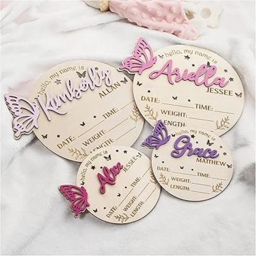 Personalized Newborn Announcement Sign - Custom Wooden Hello World Name Plaque for Hospital - 3D Raised Letters, Butterfly & Footprint Designs - Double Sided Birth Stats Photo Prop for Nursery Decor (3D Butterfly)