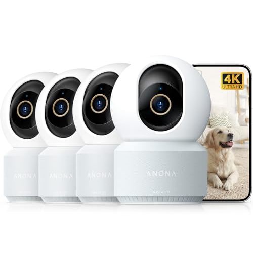 Anona 4K UHD Indoor Camera, Pet/Dog/Baby Security Camera with Phone App, 360°Pan-Tilt, 2.4G/5G Dual-Band Wi-Fi 6, Auto-Tracking, Person/Pet/Baby Crying Detection, Privacy Mode, Two-Way Audio, 4 Pack