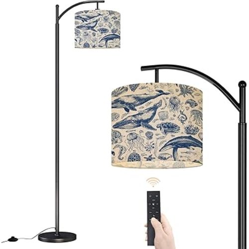 Arc Floor Lamp Coastal Vintage Ocean Life Whales Dolphins Turtles Jellyfish Sea Dimmable Modern Standing Lamp with Remote Adjustable Drum Shade Footswitch Tall Pole Lamp for Living Room Bedroom