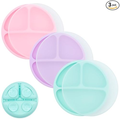 WeeSprout Suction Plates for Babies With Lids & Toddlers - 100% Silicone, Dinnerware Stays Put, Divided Design for Picky Eaters, Microwave & Dishwasher Friendly, 3 Pack