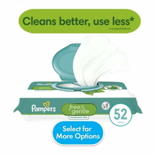 Pampers Free & Gentle Baby Wipes Unscented, 1-Pack 52 Wipes (Select for More Options)