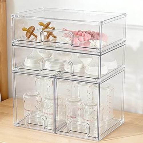 Amazon.com: MINMUNJIU Baby Bottle Organizer, 5 Pack Clear Space-Saving Stackable Drawer with Handle, Baby Bottle Storage Organizer for Countertop and Cabinet : Baby