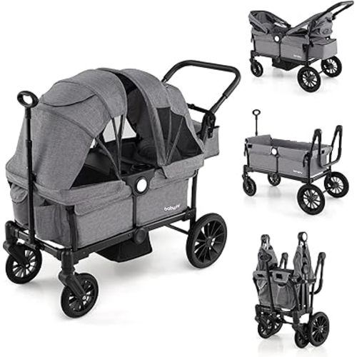 BABY JOY Wagon Stroller for 2 Kids, Collapsible Push Pull Double Stroller Wagon with Adjustable Handle Bar, Removable Canopy, Safety Harness, Cup Holder, Snack Tray & Storage Bag (Gray)