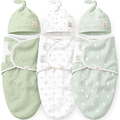 KeaBabies 3-Pack Organic Swaddles for Newborns Girls, Boys with Hats - Soft Cotton Baby Sleep Sacks 0-3 Months, Breathable Baby Hats and Swaddles 0-3 Months, Newborn Essentials Must Haves (Bunnies)