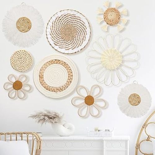 Chunful 9 Pcs Boho Nursery Wall Decor Daisy Flower Woven Macrame Seagrass Rattan Basket Wall Hanging Bohemian Decorations Gifts for Home Dorm Art Farmhouse Bedrooms Living Room(White)