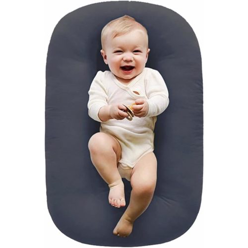 100% Cotton Baby Lounger Play Mat,Tummy Time Mat with Cover for 0-24 Months Newborn Baby,Washable Play Gym Mats for Home Travel-Dark Grey